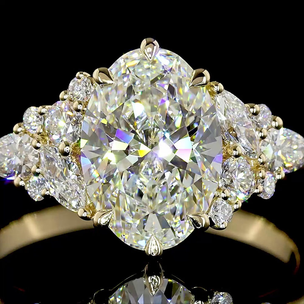 14K Yellow Gold 2.53 Carat Oval Cut Lab Diamond Special Ring with Marquise and Pear Shaped Side Stones - IGI Certified E-F Color VVS2 Clarity - Covaloro Fine Jewelry