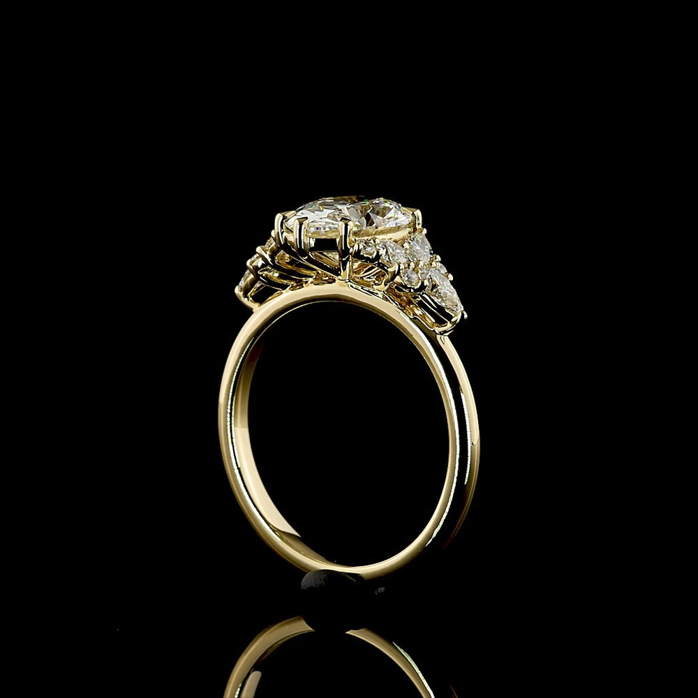 14K Yellow Gold 2.53 Carat Oval Cut Lab Diamond Special Ring with Marquise and Pear Shaped Side Stones - IGI Certified E-F Color VVS2 Clarity - Covaloro Fine Jewelry
