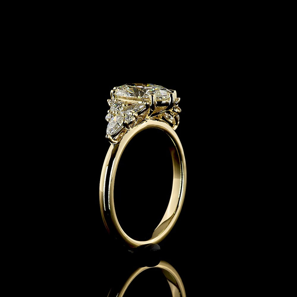 14K Yellow Gold 2.53 Carat Oval Cut Lab Diamond Special Ring with Marquise and Pear Shaped Side Stones - IGI Certified E-F Color VVS2 Clarity - Covaloro Fine Jewelry