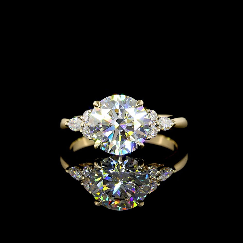 14K Yellow Gold 2.76cttw Round Brilliant Cut Lab Diamond Ring with Marquise and Round Accents - E VVS2 Center - Covaloro Fine Jewelry