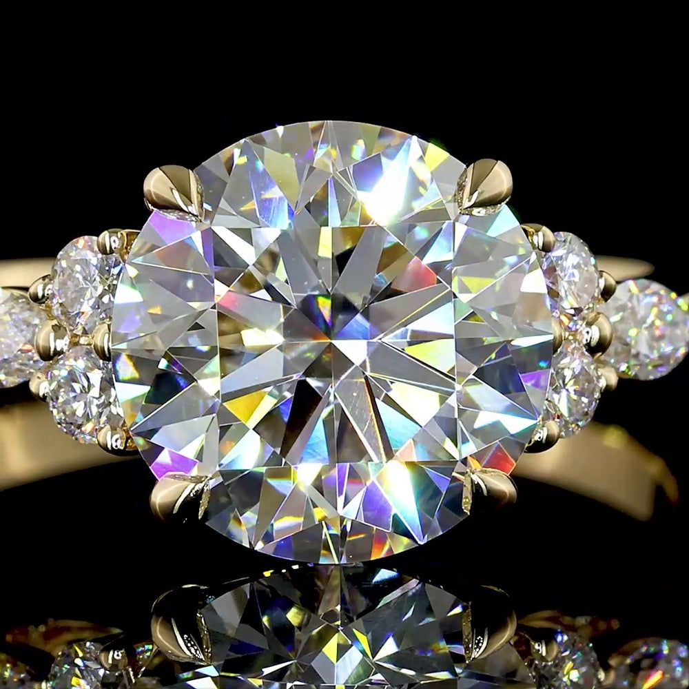 14K Yellow Gold 2.76cttw Round Brilliant Cut Lab Diamond Ring with Marquise and Round Accents - E VVS2 Center - Covaloro Fine Jewelry