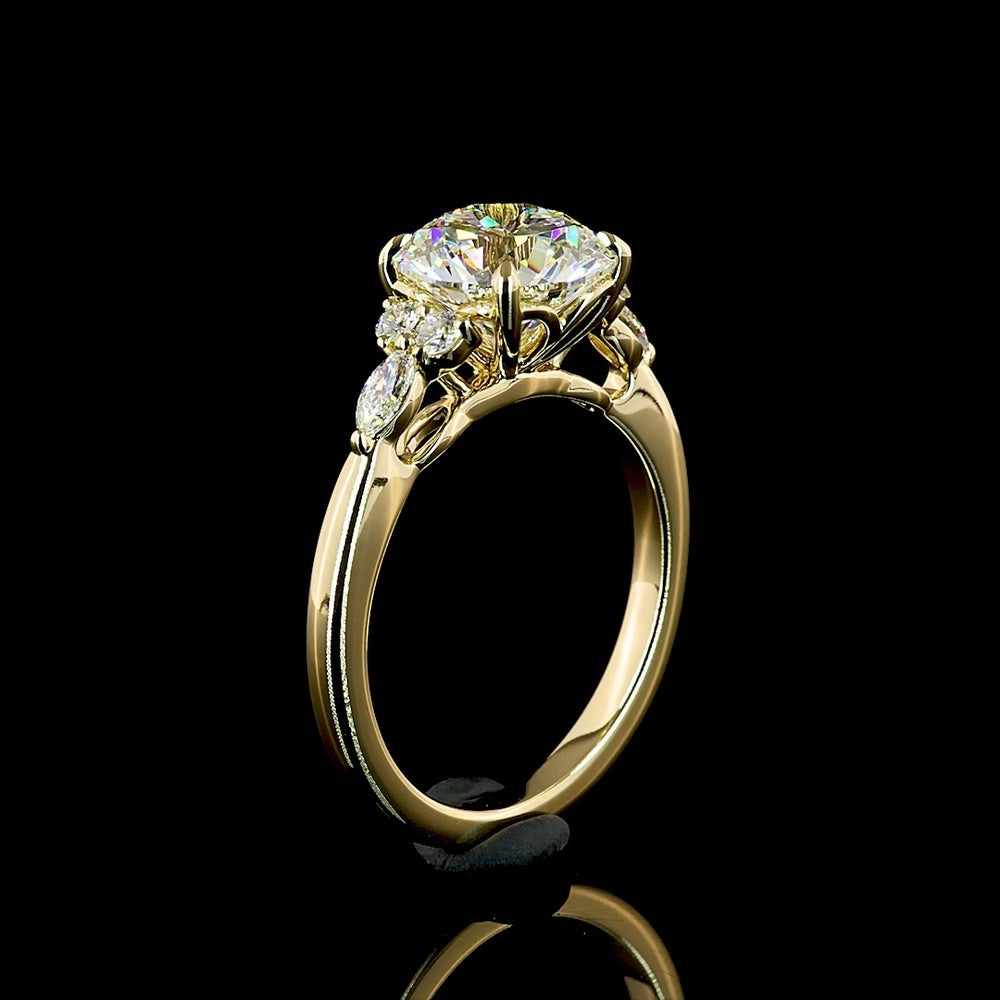 14K Yellow Gold 2.76cttw Round Brilliant Cut Lab Diamond Ring with Marquise and Round Accents - E VVS2 Center - Covaloro Fine Jewelry
