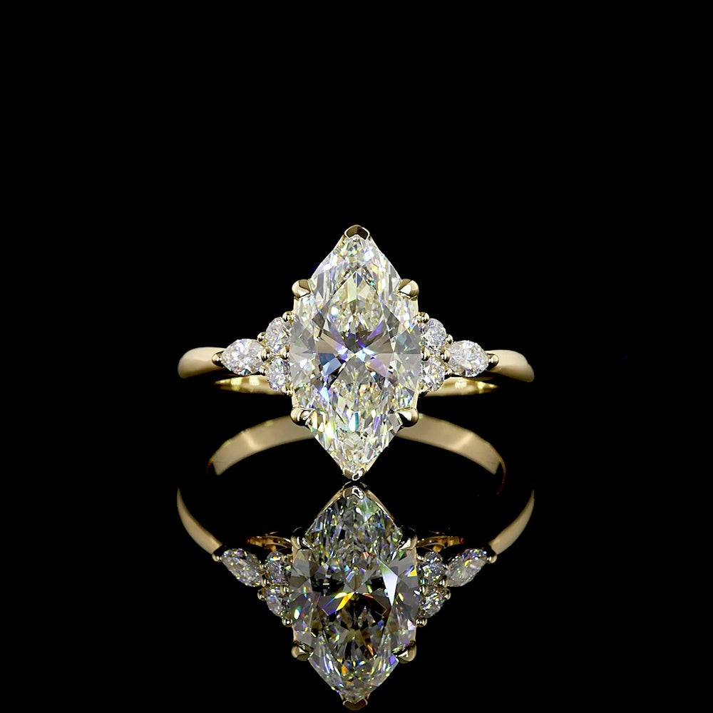 14K Yellow Gold 2.77 Carat Marquise Cut Lab Diamond Ring with Marquise and Round Side Stones - F VS2 Center - Covaloro Fine Jewelry