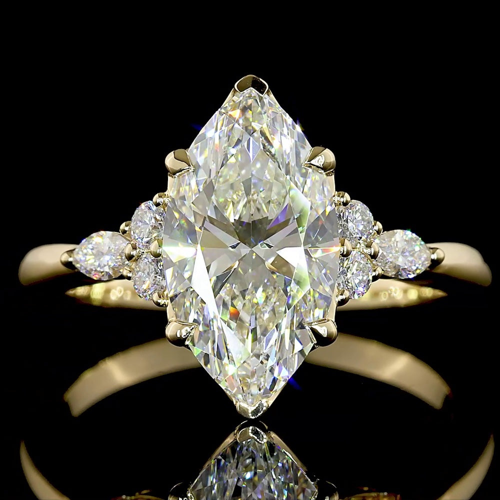 14K Yellow Gold 2.77 Carat Marquise Cut Lab Diamond Ring with Marquise and Round Side Stones - F VS2 Center - Covaloro Fine Jewelry
