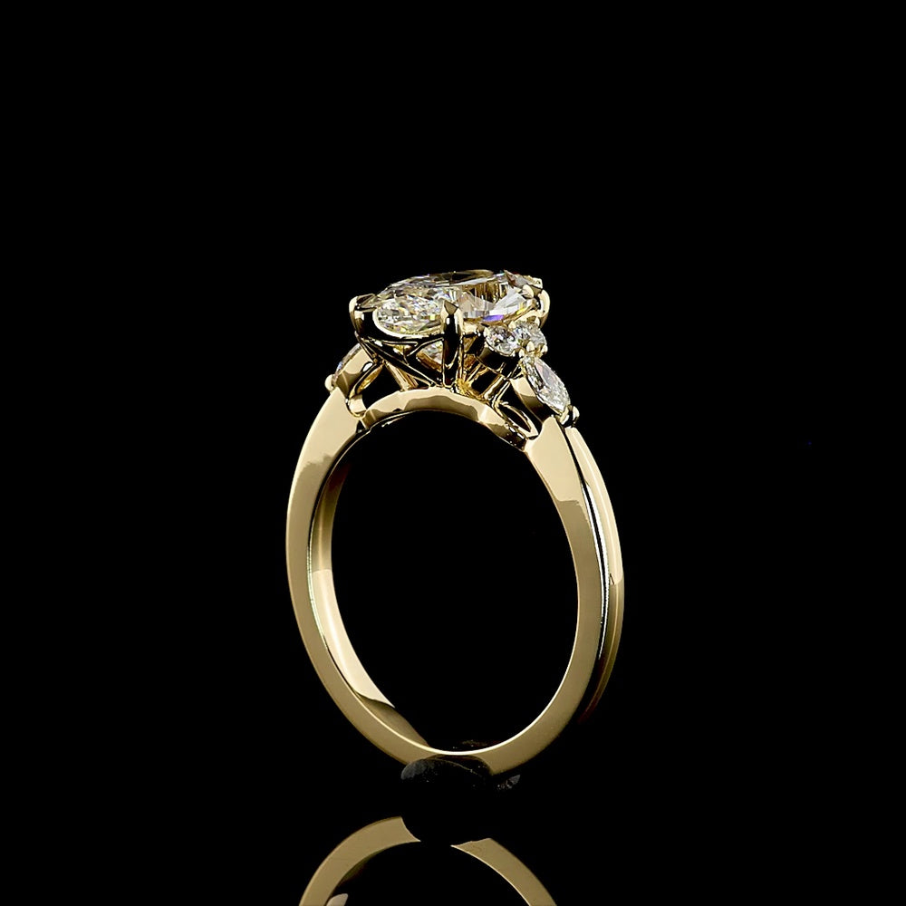 14K Yellow Gold 2.77 Carat Marquise Cut Lab Diamond Ring with Marquise and Round Side Stones - F VS2 Center - Covaloro Fine Jewelry