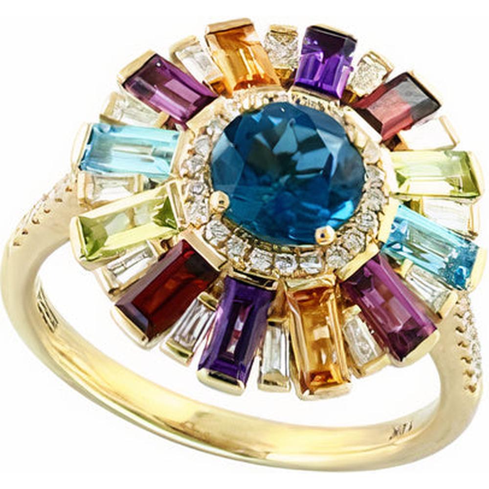 14K Yellow Gold 2.80 Carats Multicolor Halo Ring with London Blue Topaz, Amethyst, Citrine, Garnet, Rhodolite, Peridot & Diamonds - 0.32 Carats Total Diamond Weight