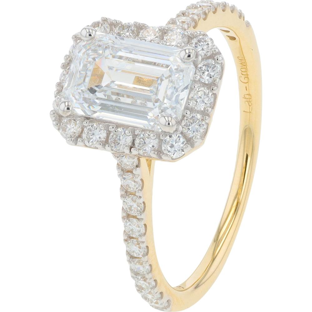 14K Yellow Gold 2 Carat Lab Grown Diamond Emerald Cut Engagement Ring with Pavé Halo - 2.00 Carat Total Diamond Weight