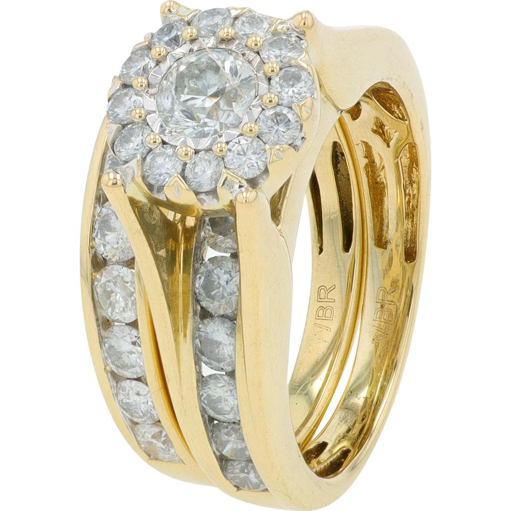 14K Yellow Gold 2 Carat Round Diamond Bridal Set with Halo and Channel Set Diamonds