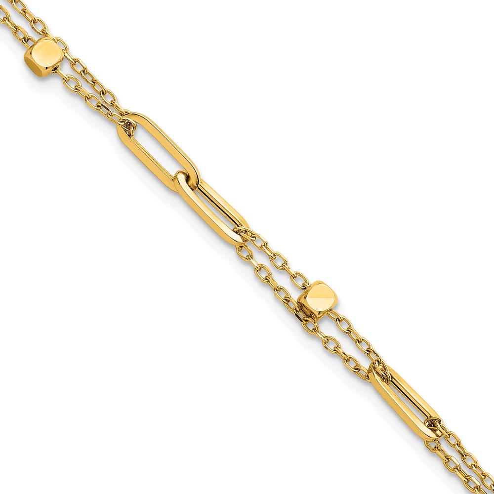 14K Yellow Gold 2-Strand Beaded Fancy Paperclip Link Bracelet - 7.5" Length by 0