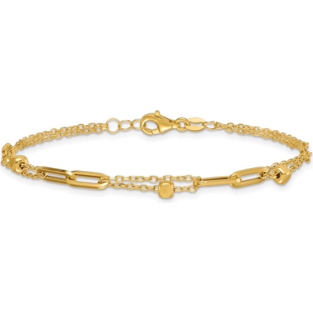 14K Yellow Gold 2-Strand Beaded Fancy Paperclip Link Bracelet - 7.5" Length by 0