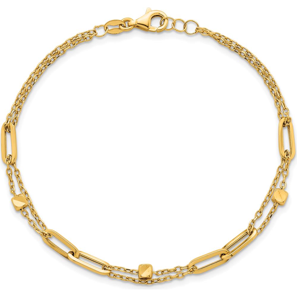 14K Yellow Gold 2-Strand Beaded Fancy Paperclip Link Bracelet - 7.5" Length by 0