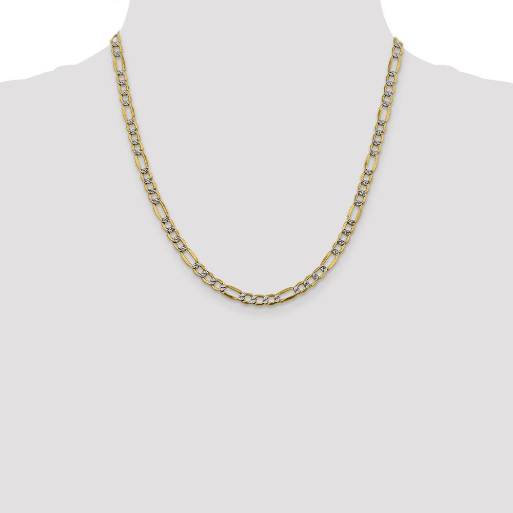 14K Yellow Gold 20" 5.25mm Semi-Solid Figaro Chain with Rhodium Pave Texture and Lobster Clasp by Oro Pregiato