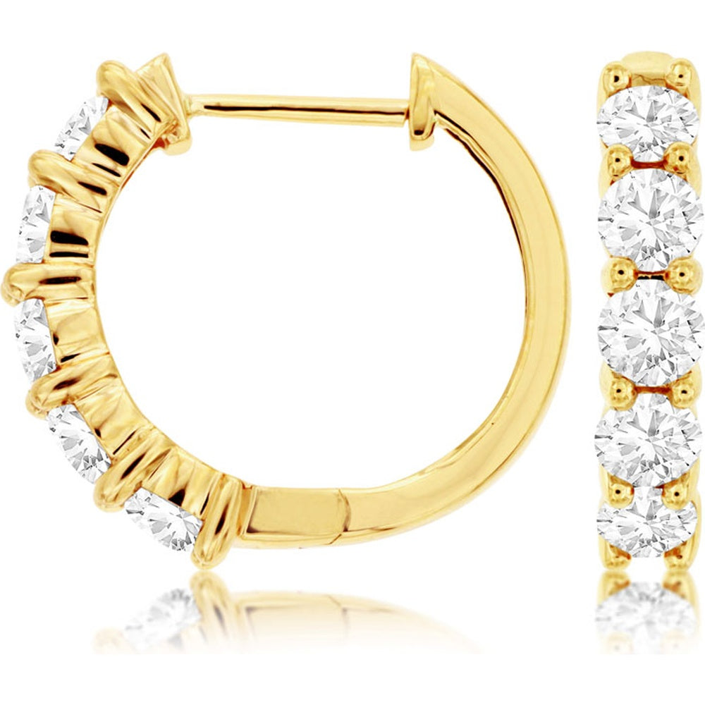 14K Yellow Gold 20mm Hinged Hoop Earrings with Prong-Set Round Brilliant Diamonds - 2.00 Carat Total Diamond Weight - Royal Jewelry