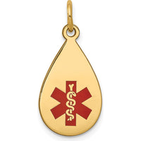 14K Yellow Gold 20x11.5mm Teardrop Red Enameled Medical Jewelry Pendant by Oro Pregiato