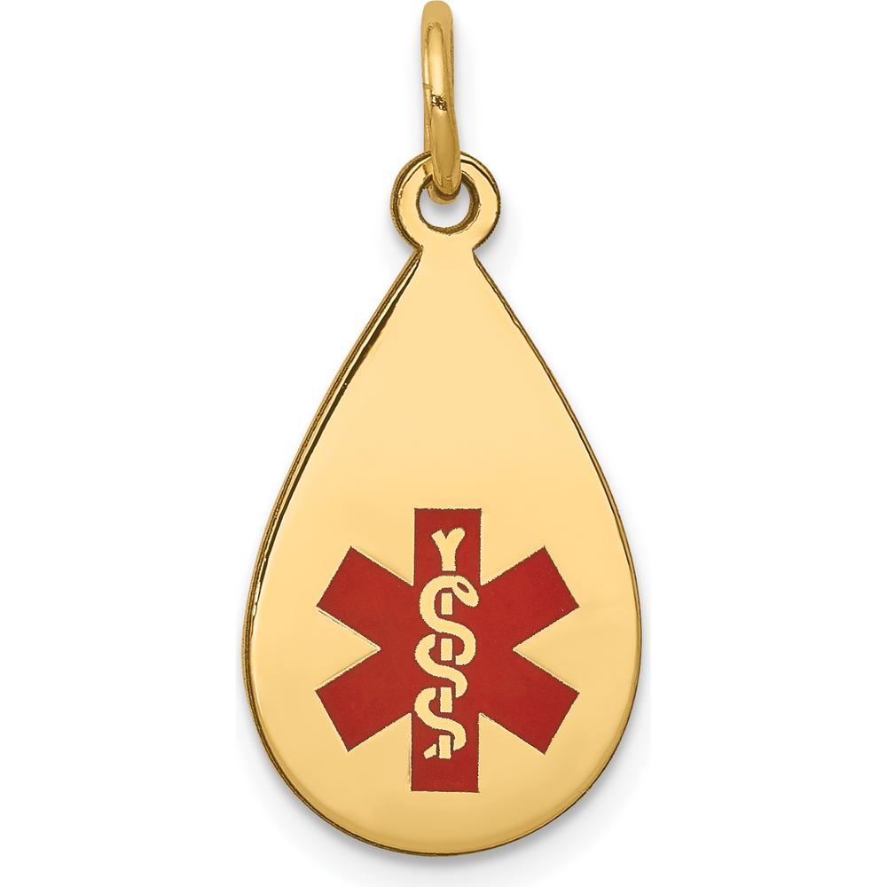14K Yellow Gold 20x11.5mm Teardrop Red Enameled Medical Jewelry Pendant by Oro Pregiato