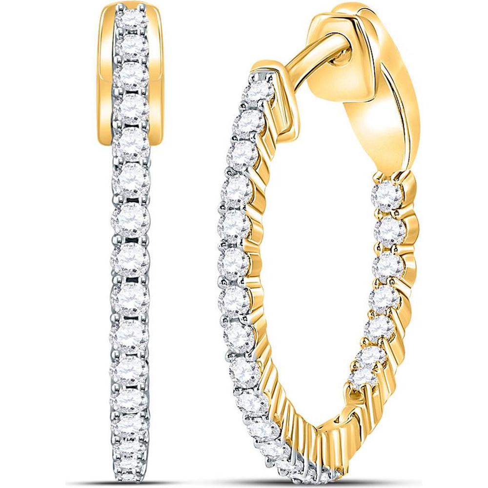 14K Yellow Gold 21mm Inside-Outside Hoop Earrings with Prong-Set Round Diamonds - 0.53 Carat Total Diamond Weight