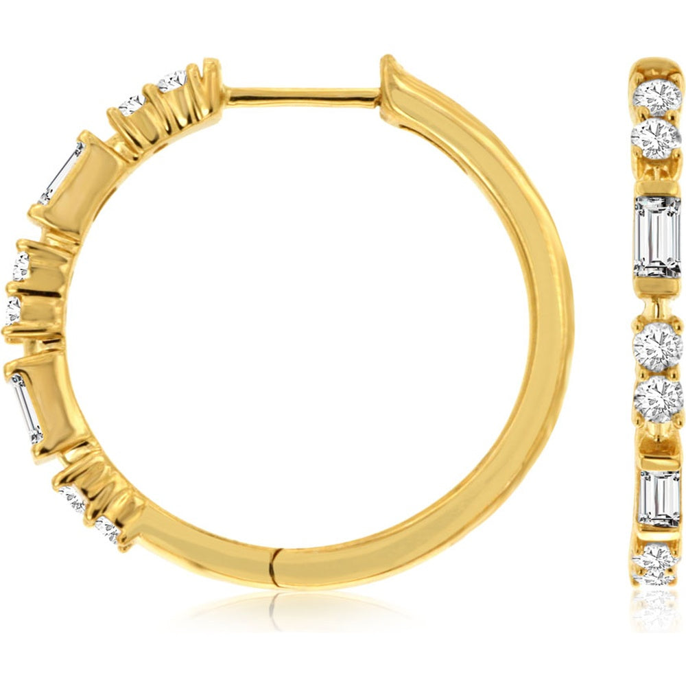 14K Yellow Gold 21mm Medium Hoop Earrings with Alternating Round and Baguette Diamonds - 0.48 Carat Total Diamond Weight - Royal Jewelry