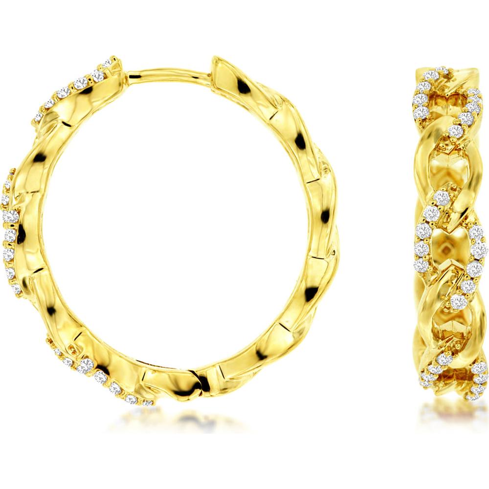 14K Yellow Gold 22mm Medium Twisted Hoop Earrings with Round Diamonds - 0.33 Carat Total Diamond Weight - Royal Jewelry