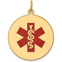 14K Yellow Gold 22mm Round Red Enamel Medical Jewelry Pendant - Polished Finish with Engravable Option by Oro Pregiato