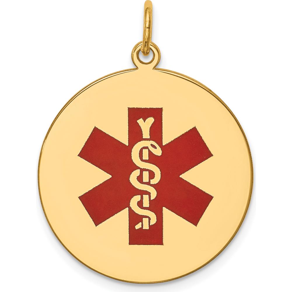 14K Yellow Gold 22mm Round Red Enamel Medical Jewelry Pendant - Polished Finish with Engravable Option by Oro Pregiato
