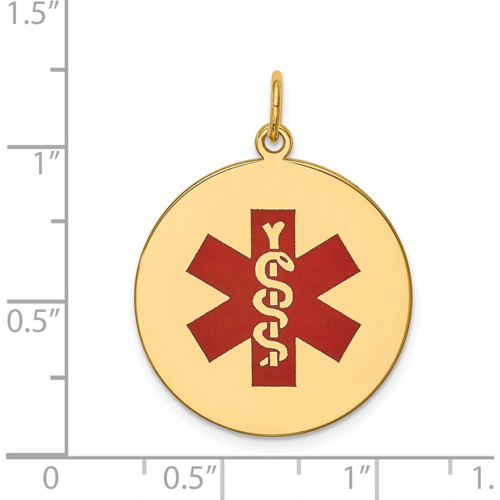 14K Yellow Gold 22mm Round Red Enamel Medical Jewelry Pendant - Polished Finish with Engravable Option by Oro Pregiato