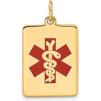 14K Yellow Gold 22x15mm Red Enameled Medical Alert Pendant with Polished Back by Oro Pregiato