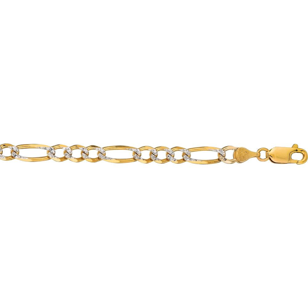 14K Yellow Gold 24" Figaro Chain with White Pave Diamond-Cut Finish - 7mm Width by Orozza Fine Jewelry