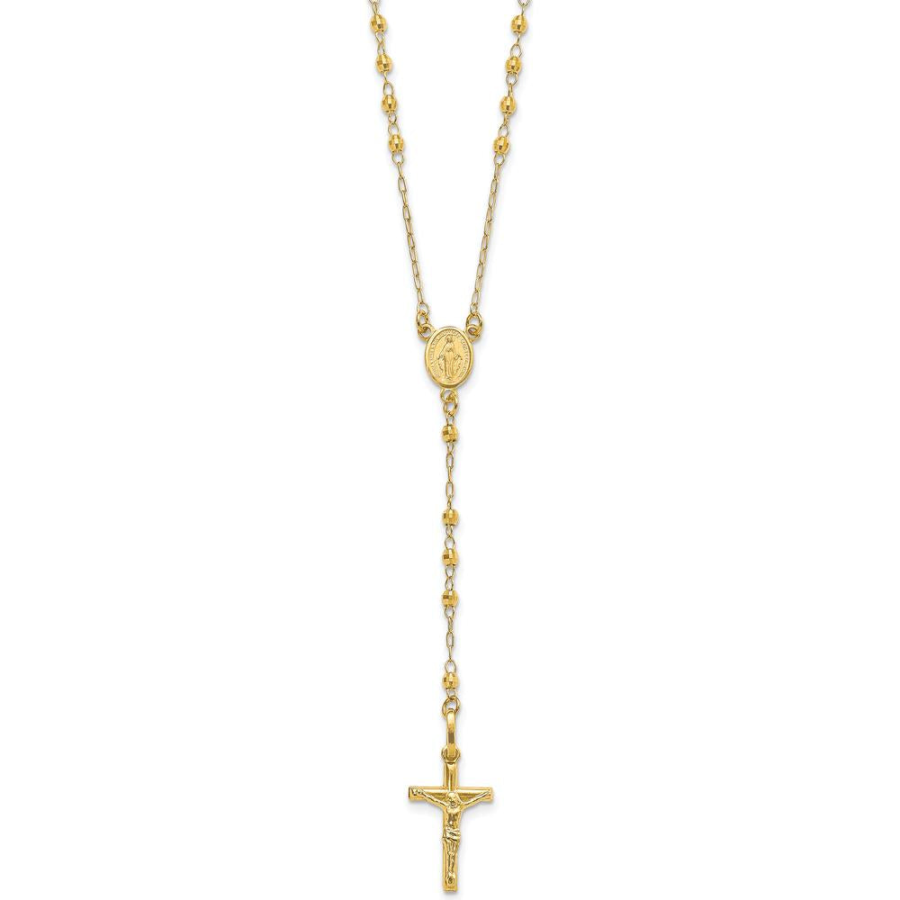 14K Yellow Gold 24" Rosary Necklace with Polished Crucifix and Miraculous Medal Featuring Faceted Diamond-Cut Beads by 0