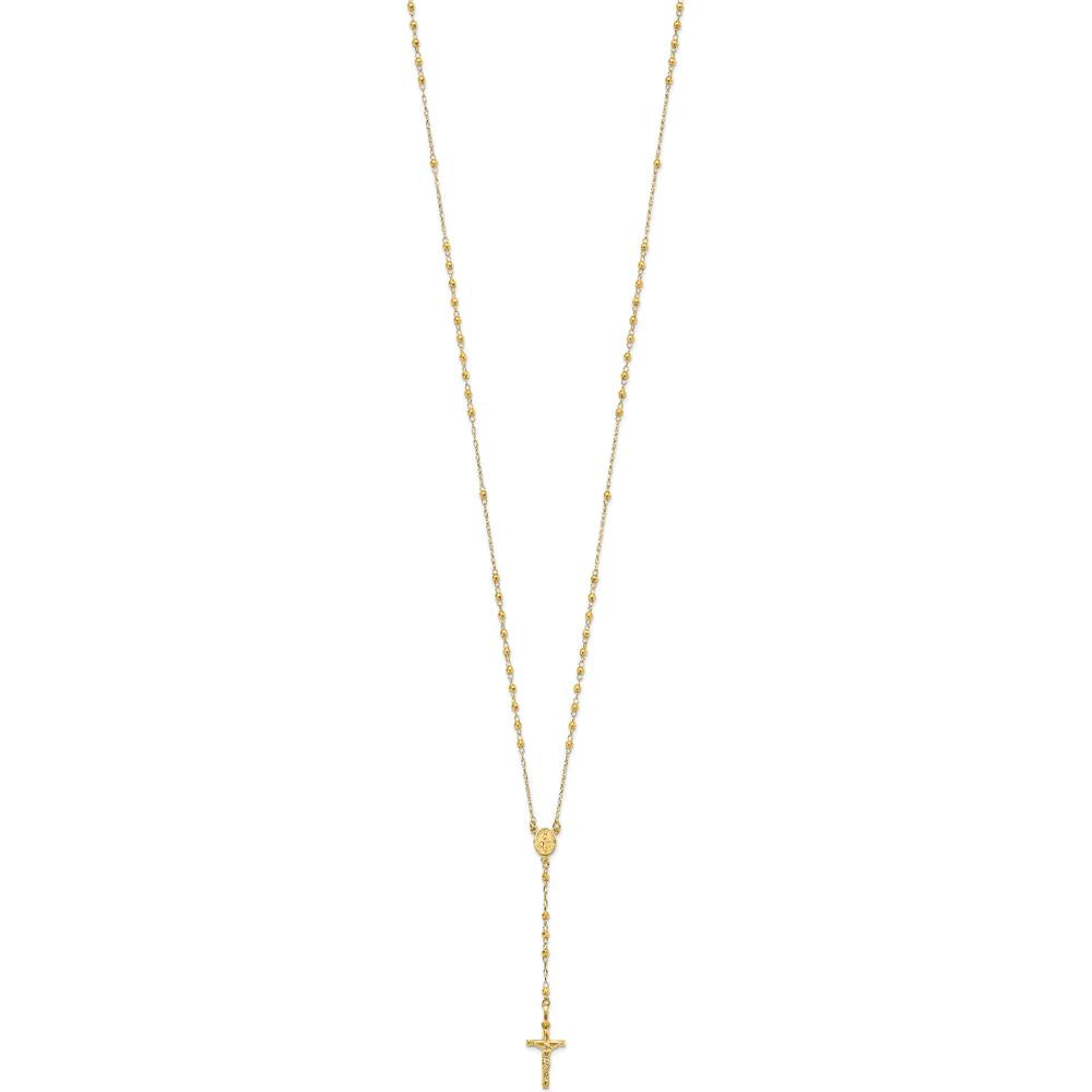 14K Yellow Gold 24" Rosary Necklace with Polished Crucifix and Miraculous Medal Featuring Faceted Diamond-Cut Beads by 0