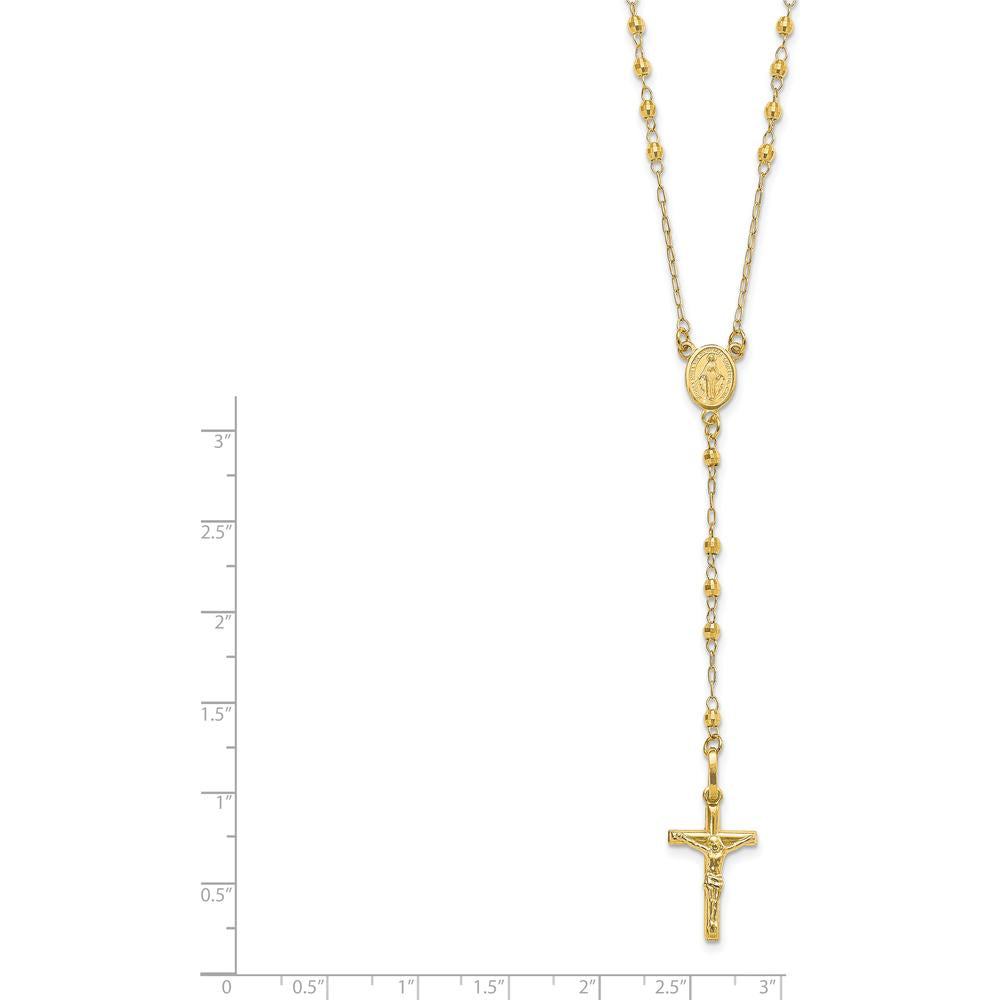 14K Yellow Gold 24" Rosary Necklace with Polished Crucifix and Miraculous Medal Featuring Faceted Diamond-Cut Beads by 0