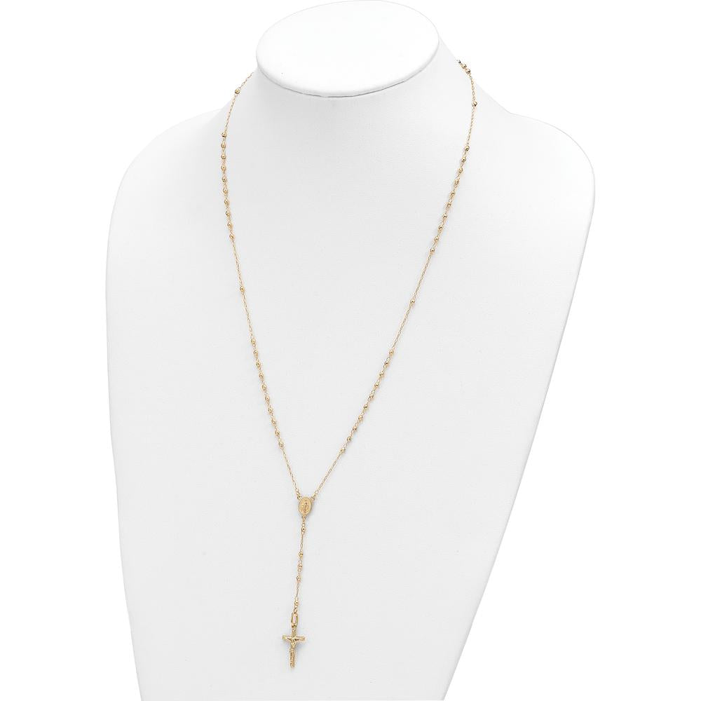 14K Yellow Gold 24" Rosary Necklace with Polished Crucifix and Miraculous Medal Featuring Faceted Diamond-Cut Beads by 0