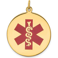 14K Yellow Gold 25mm Round Red Enameled Medical Alert Pendant - Polished Finish by Oro Pregiato