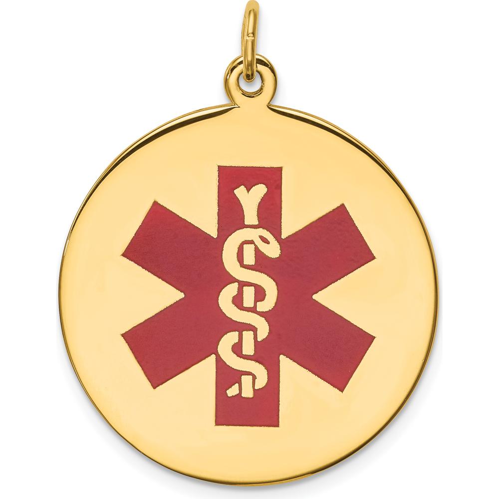 14K Yellow Gold 25mm Round Red Enameled Medical Alert Pendant - Polished Finish by Oro Pregiato
