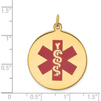 14K Yellow Gold 25mm Round Red Enameled Medical Alert Pendant - Polished Finish by Oro Pregiato
