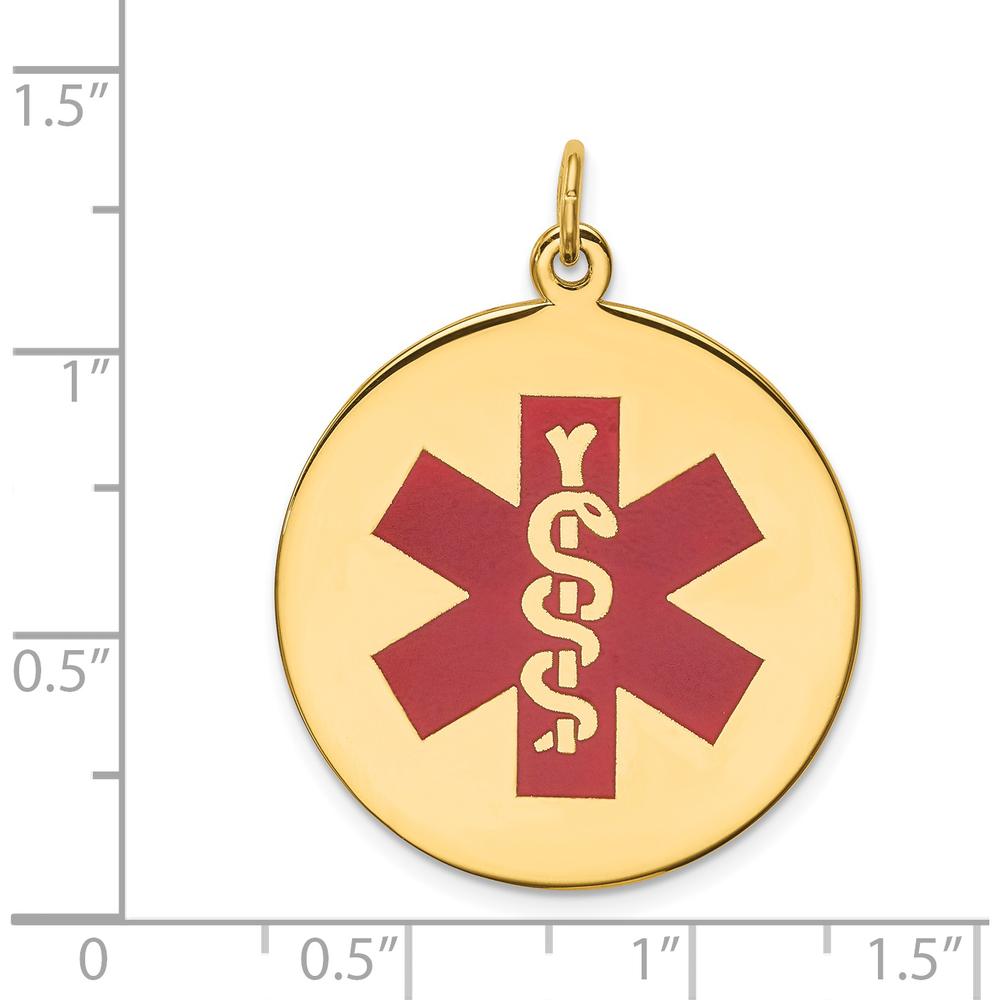 14K Yellow Gold 25mm Round Red Enameled Medical Alert Pendant - Polished Finish by Oro Pregiato