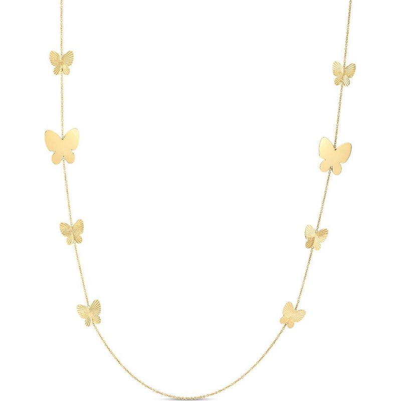 14K Yellow Gold 26" Graduating Butterfly Station Necklace with Diamond-Cut and Textured Finish by Orozza Fine Jewelry