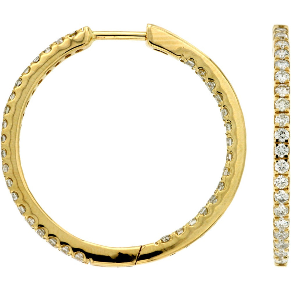 14K Yellow Gold 26mm Medium Hoop Earrings with Bead Set Round Diamonds - 1.04 Carat Total Diamond Weight - Royal Jewelry