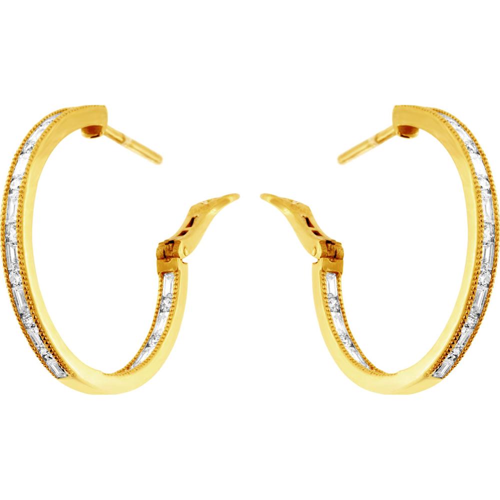 14K Yellow Gold 26mm Medium Hoop Earrings with Channel Set Round and Baguette Diamonds - 1.18 Carat Total Diamond Weight - Royal Jewelry