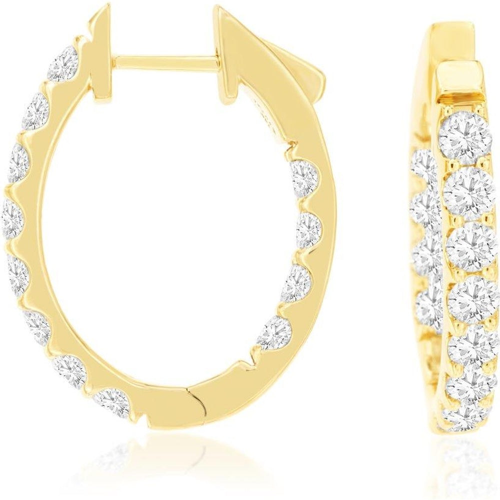 14K Yellow Gold 26mm Medium Hoop Earrings with Prong-Set Round Brilliant Diamonds - 3.00ct Total Diamond Weight - Royal Jewelry