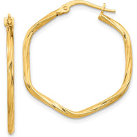 14K Yellow Gold 27.9mm Textured Twist Hexagon Hoop Earrings by 0