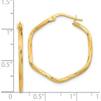 14K Yellow Gold 27.9mm Textured Twist Hexagon Hoop Earrings by 0