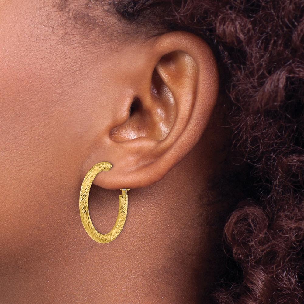 14K Yellow Gold 27mm Diamond-Cut Round Omega Clip Back Hoop Earrings by Oro Pregiato