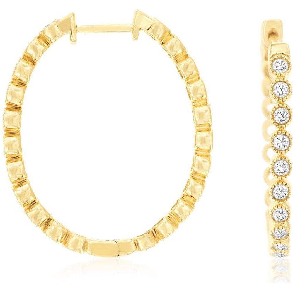 14K Yellow Gold 27mm Medium Hoop Earrings with Milgrain Set Round Diamonds - 0.50 Carat Total Diamond Weight - Royal Jewelry