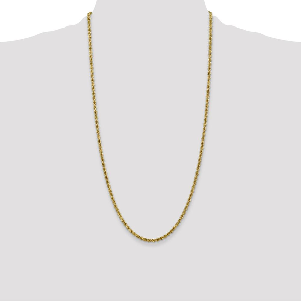 14K Yellow Gold 28" Rope Chain Necklace with Polished 3mm Links and Lobster Clasp