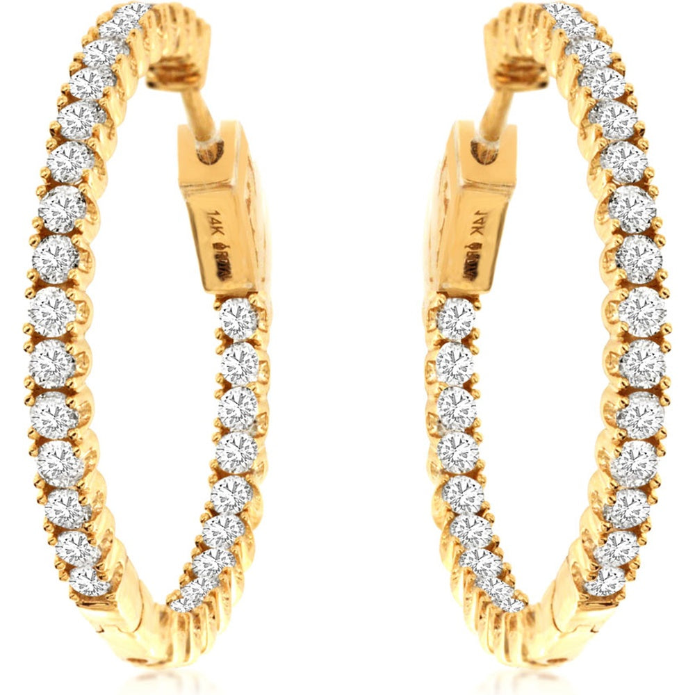 14K Yellow Gold 28mm Medium Hoop Earrings with Prong-Set Round Diamonds - 2.00 Carat Total Diamond Weight - Royal Jewelry