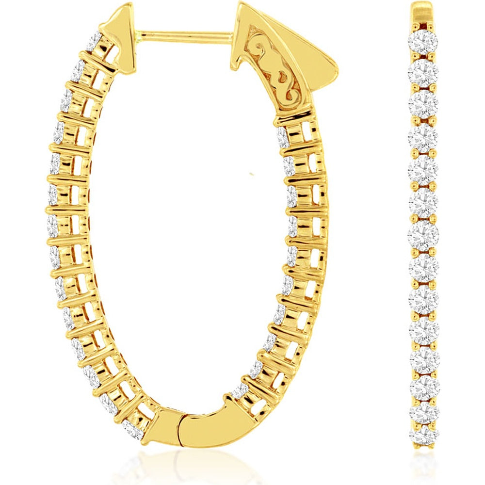 14K Yellow Gold 29mm Oval Hoop Earrings with Prong-Set Round Brilliant Diamonds - 1.50 Carat Total Diamond Weight - Royal Jewelry