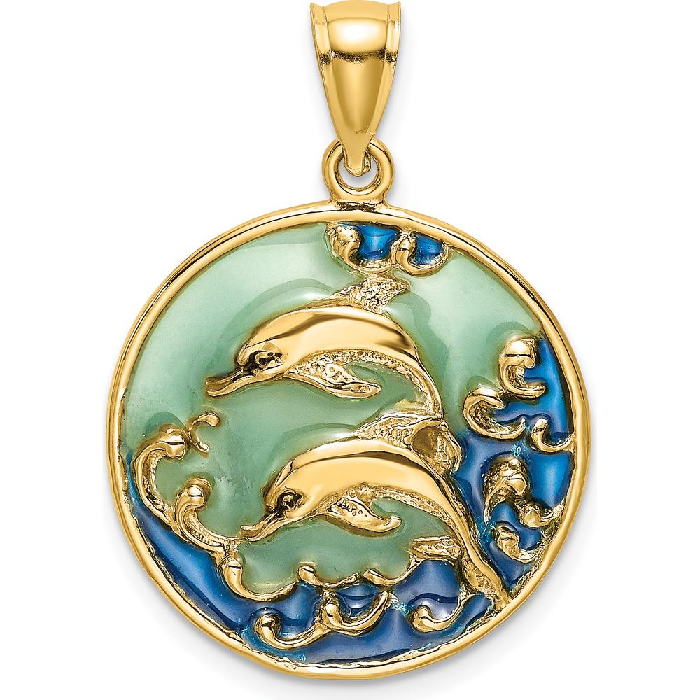 14K Yellow Gold 2D Dolphin with Blue Enamel Charm - Playful Ocean-Inspired Design by Oro Pregiato