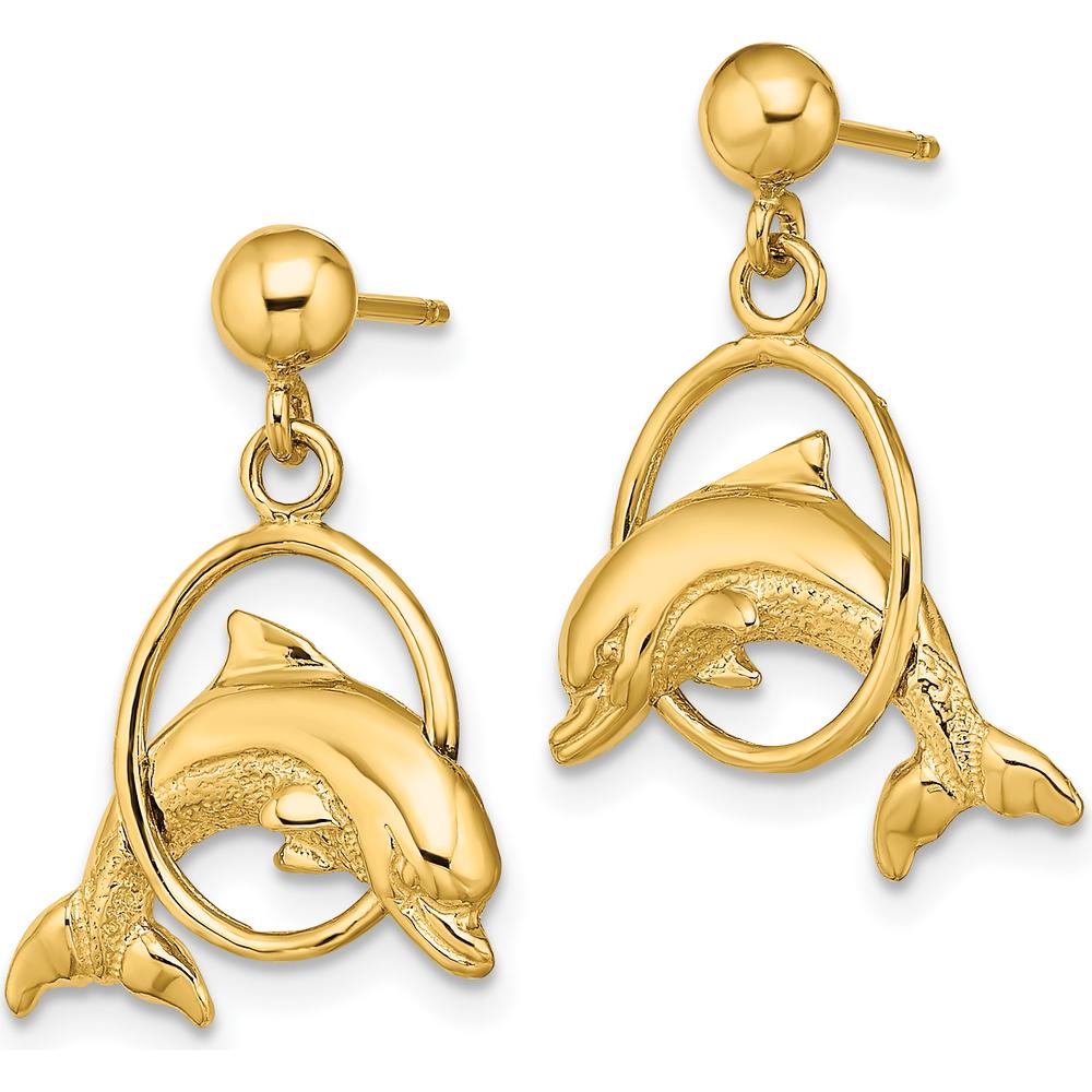 14K Yellow Gold 2D Polished Dolphin Jumping Through Hoop Earrings by 0
