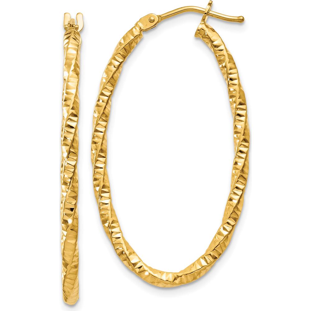 14K Yellow Gold 2mm Diamond-Cut Oval Hoop Earrings - Polished Finish by Oro Pregiato