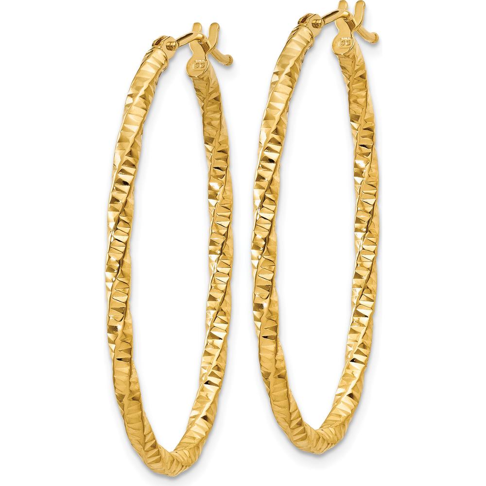 14K Yellow Gold 2mm Diamond-Cut Oval Hoop Earrings - Polished Finish by Oro Pregiato